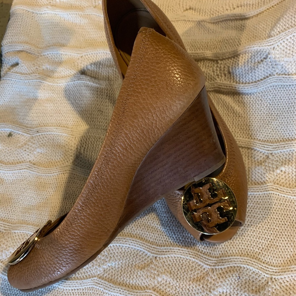 Tory Burch Tan Peep Toe Wedges